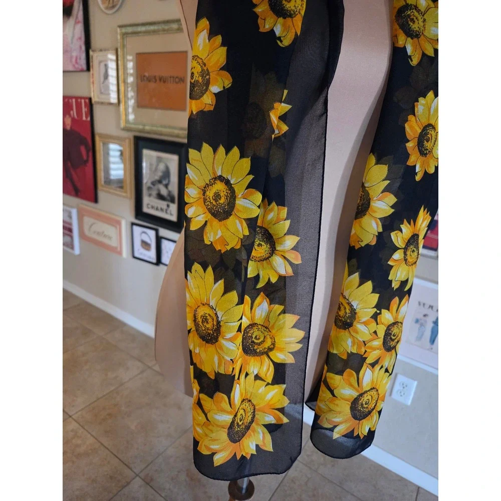Vintage 1990s Black Silk Scarf Yellow Sunflower Floral Print Long Oblong